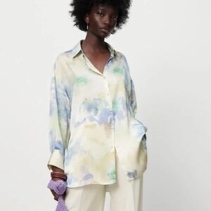 Zara Satin Effect Tie Dye Long Sleeve Blouse